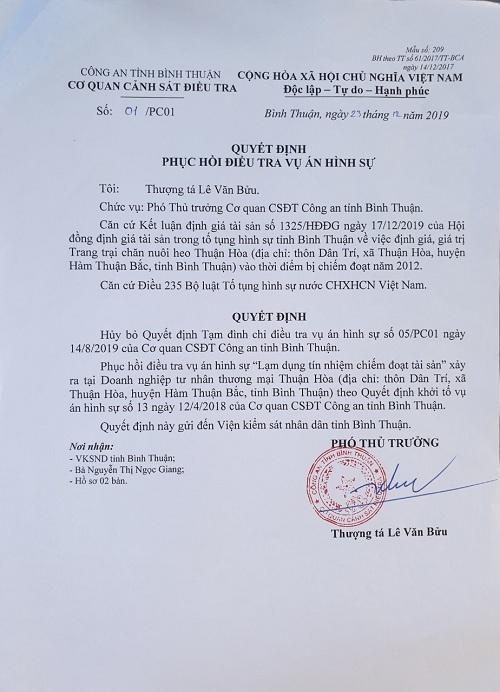Doanh nghiệp Thuận Hòa (Bình Thuận): Cơ quan CSĐT quyết định phục hồi điều tra vụ án hình sự