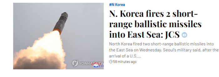 Triều Tiên phóng 2 tên lửa đạn đạo tầm ngắn về vùng biển phía Đông